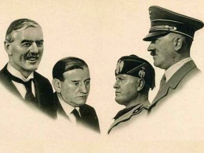 Участники "мюнхенского сговора": премьер-министры Британии Н.Чемберлен, Франции Э.Даладье, диктаторы Б.Муссолини (Италия) и А.Гитлер (Германия). Фото: 900igr.net Участники "мюнхенского сговора": премьер-министры Британии Н.Чемберлен, Франции Э.Даладье, диктаторы Б.Муссолини (Италия) и А.Гитлер (Германия). Фото: 900igr.net