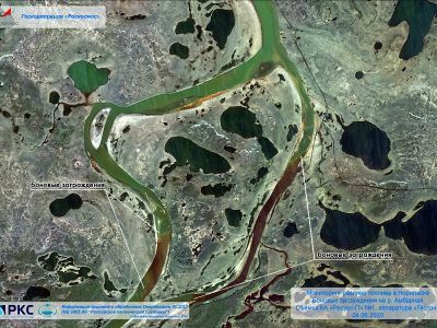 Разлив нефтепродуктов под Норильском. Фото: Роскосмос Разлив нефтепродуктов под Норильском. Фото: Роскосмос