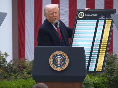 Дональд Трамп демонстрирует в Белом доме карту стран, вводящих пошлины против США, и новые пошлины для этих стран. Стоп-кадр из видео Белого дома