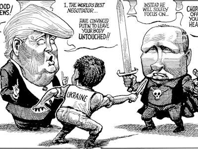 Зеленский, Трамп и Путин. Источник: https://www.economist.com/the-world-this-week/2025/03/20/the-weekly-cartoon